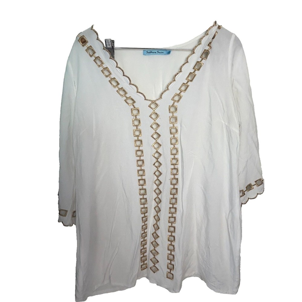 Solitaire Swim 3/4 Sleeve Cover Up Women Large Blouse Gold & White Scalloped Hem